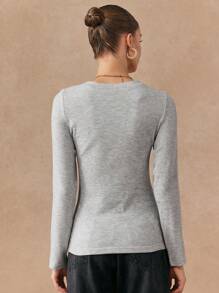 SHEIN Unity Women's Casual Everyday Letter Print Slim Fit Long Sleeve T-Shirt, Autumn Fall Cloth For Women - Grey - View 2