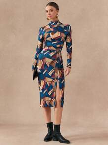 Chiquease 女士修身印花开衩下摆高端中长连衣裙