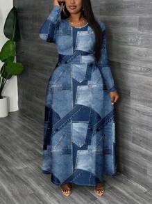Slaydiva Casual & Simple All-Over Denim Effect Print Plus Size Dress, Autumn/Winter Chic Dress