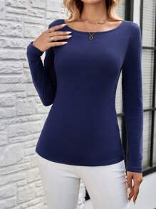 EMERY ROSE Women Casual Solid Color Crew Neck Long Sleeve Padded Breathable Fitted T-Shirt, Spring/Autumn