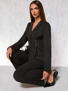 Glamine 1pc Women Casual Crossover Tie Side Blazer Jacket, Autumn Fall Cloth For Women - Black - View 6