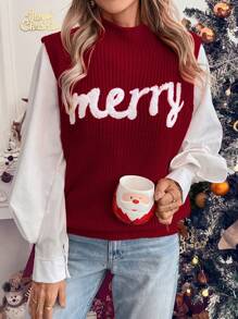 SHEIN LUNE Red Sleeveless Embroidery Ladies Sweater Vest - Burgundy - View 4