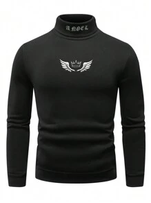 Manfinity Homme 大码男式皇冠图案高领长袖休闲套头连帽衫，秋季 - 黑色 - 查看 1