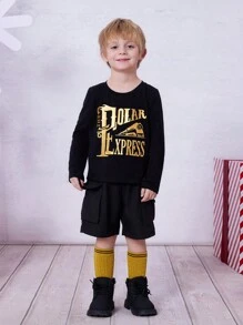 THE POLAR EXPRESS X SHEIN 年轻男孩街头服饰休闲火车和字母金箔图案圆领长袖 T 恤，适合秋冬季和圣诞节 - 黑色 - 查看 8