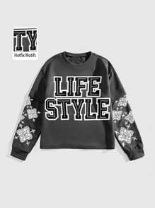 ROMWE MEN Street Life 男士休闲字母与花卉印花圆领长袖运动衫，秋季 - 灰色 - 查看 1