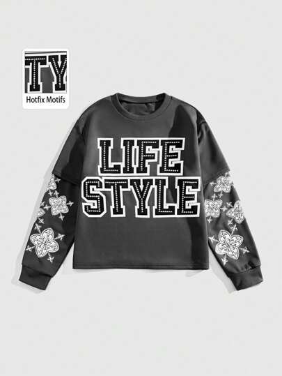 Street Life Men's Casual Letter & Floral Print Round Neck Long Sleeve Sweatshirt, Autumn