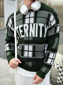 Manfinity Hypemode Men's Letter & Plaid Pattern Round Neck Casual Sweater, Autumn/Winter - Multicolor - View 6
