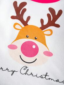 Cozy Pixies Baby Girl 3pcs Christmas Reindeer Pattern Colorblock Crew Neck Long Sleeve Top, Long Pants And Thick Robe Set, Winter Clothes - Hot Pink - View 7