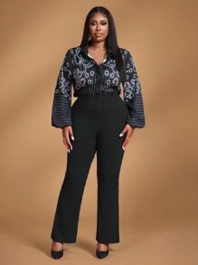 Slaydiva Blusa negra con estampado floral para mujeres talla grande para la oficina - Negro - Ver 4