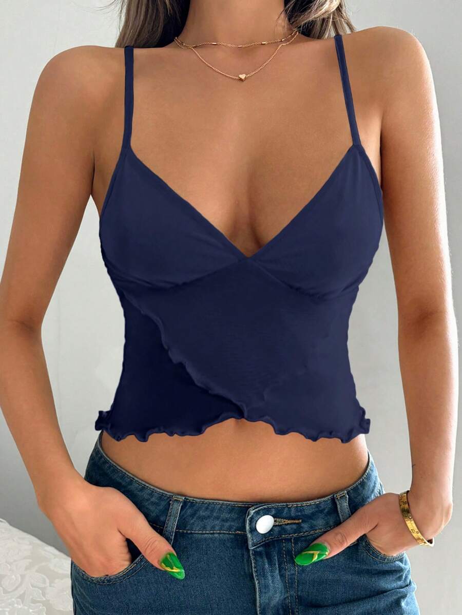 SHEIN ICON 女士纯色荷叶边细肩带网纱半透明吊带衫 - 藏蓝色 - 查看 1