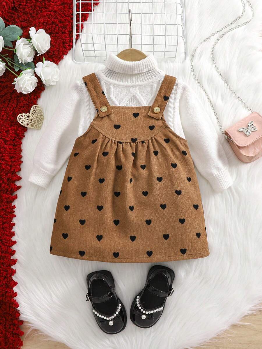 SHEIN Đầm liền quần nhung kẻ họa tiết trái tim cho bé gái, mùa thu/đông - màu nâu - Xem 1