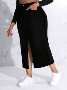 SHEIN SXY Plus Size Casual Versatile Asymmetric Pockets Slit Denim Skirt - Black - View 5