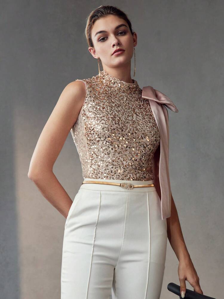 MOTF Soiréza SEQUINS MOCK NECK BIG BOW DETAIL PARTY TANK TOP