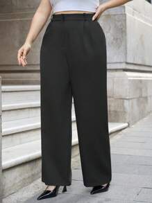 RueChic Plus Solid Slant Pocket Wide Leg Suit Pants - Black - View 5