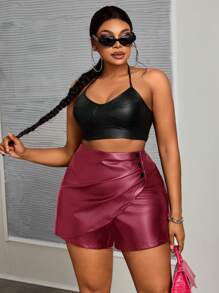 Slaydiva Plus Size Asymmetric Pleated Button Decor Plain PU Shorts For Commuting And Business, Autumn/Winter