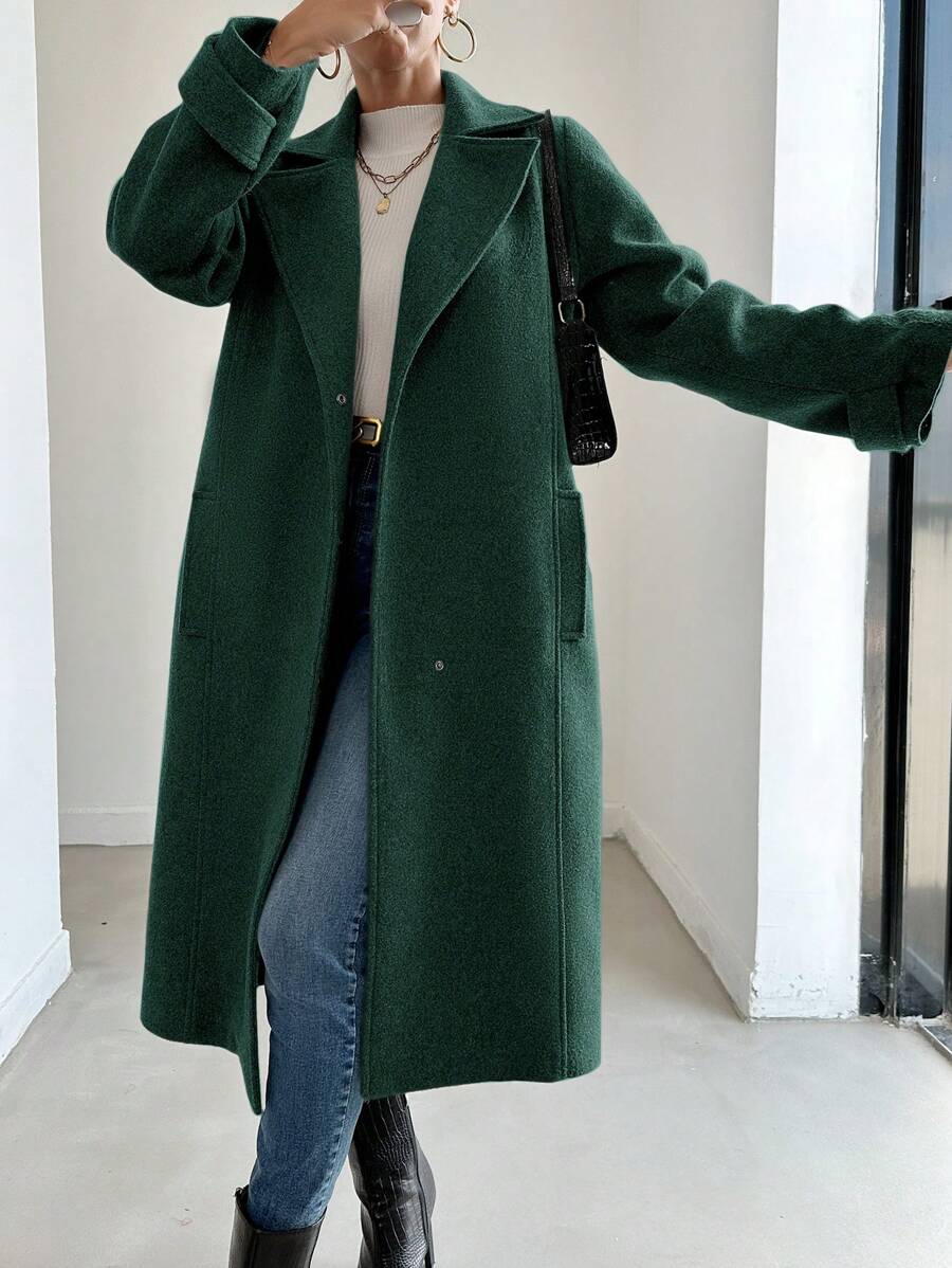 EURMUSE Solid Lapel Collar Slant Pocket Longline Overcoat - Dark Green - View 1