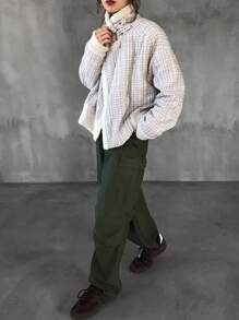 FRIFUL Women Fluffy Patchwork Long Sleeve Simple Jacket, Casual Wear,Fall Women Clothes Plaid Women Coats - Apricot - View 2