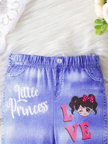 Leggings casuales para niñas pequeñas con estampado de corazones y letras, versátiles para usar al aire libre en primavera/otoño - Azul - Ver 6