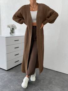 SHEIN Tall Drop Shoulder Open Front Longline Cardigan - Brown - View 4