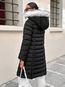 SHEIN Cottnline Fur Detailed Puffy Army Green Padded Long Coat - Black - View 2