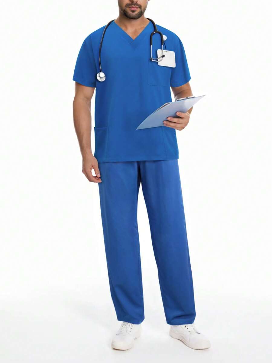 Manfinity 男士纯色短袖长裤休闲医疗制服套装，秋季