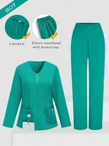 TaskEZ Solid Color V-Neck Half Zip Front Pocket Long Sleeve Top & Pants Nurse Scrub Uniform Set Set Scrub Set Nurse Dresses Scrub Tops Scrub Bottoms Lab Coats Scrub Outwear
