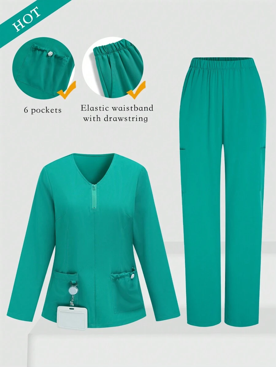 TaskEZ Solid Color V-Neck Half Zip Front Pocket Long Sleeve Top & Pants Nurse Scrub Uniform Set Set Scrub Set Nurse Dresses Scrub Tops Scrub Bottoms Lab Coats Scrub Outwear