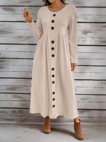 EMERY ROSE 女士休闲纯色前扣长裙，秋季 - 杏色 - 查看 5