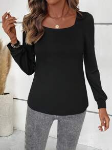 SHEIN LUNE Casual Solid Color Long Sleeve Shirt, Versatile For Autumn Fall Cloth For Women - Black - View 4