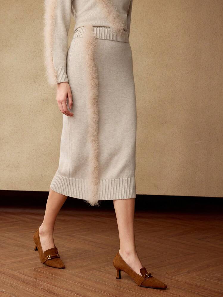 MOTF PREMIUM CONTRAST FLUFFY DETAIL KNIT SKIRT - Khaki - View 3