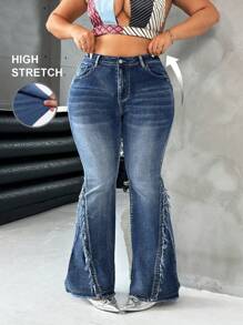 SHEIN ICON Quần jeans ống loe co giãn màu xanh dương cỡ lớn, kiểu dáng Y2K mùa thu đông, phong cách retro dành cho nữ. - Rửa trung bình - Xem 3
