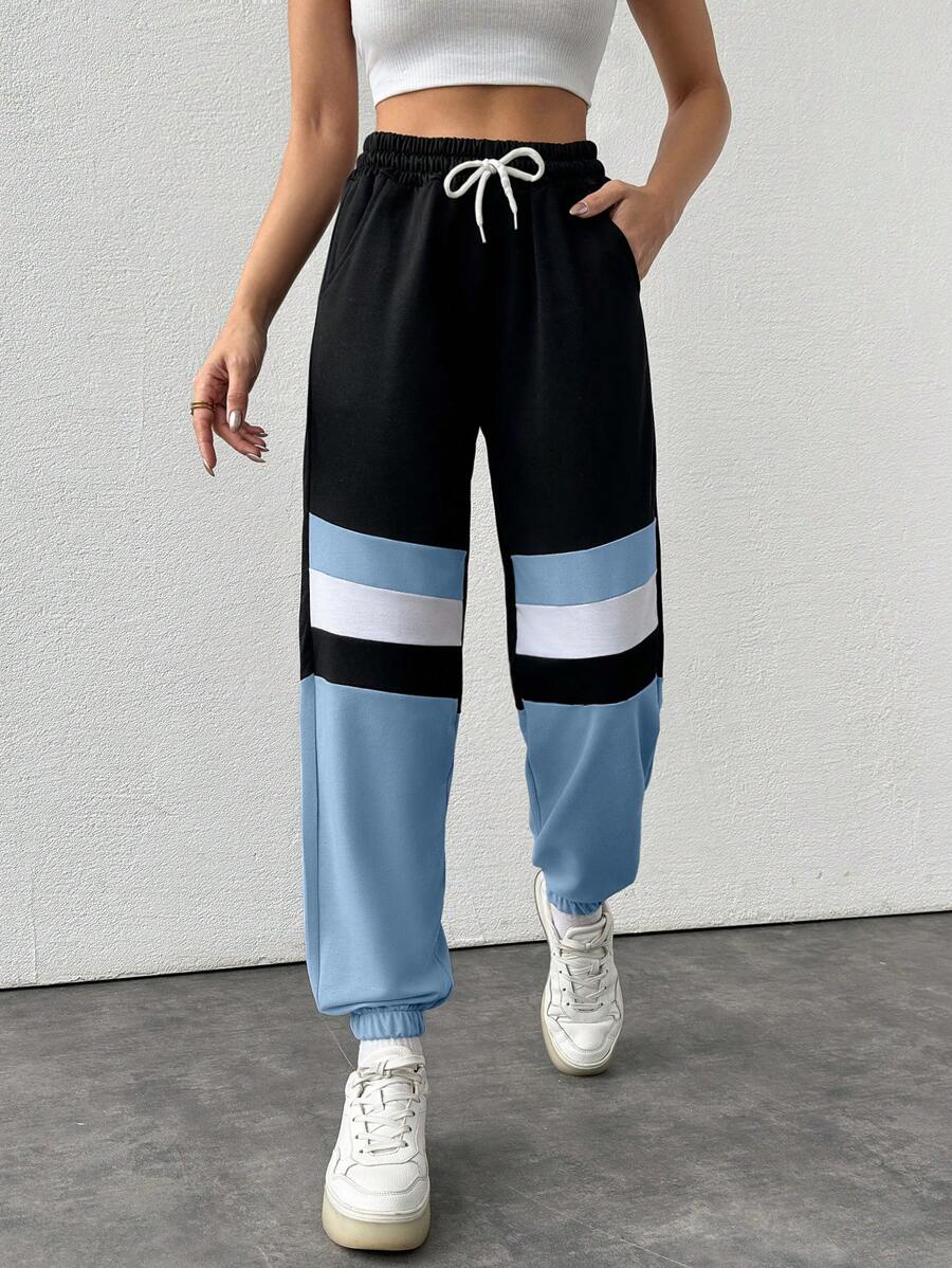 EURMUSE Cotton Colorblock Drawstring Waist Slant Pocket Sweatpants - Blue - View 1