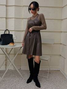 DAZY Women Stand Collar Patchwork Long Sleeve Tie Waist Mid-Length Dress,Fall Dress