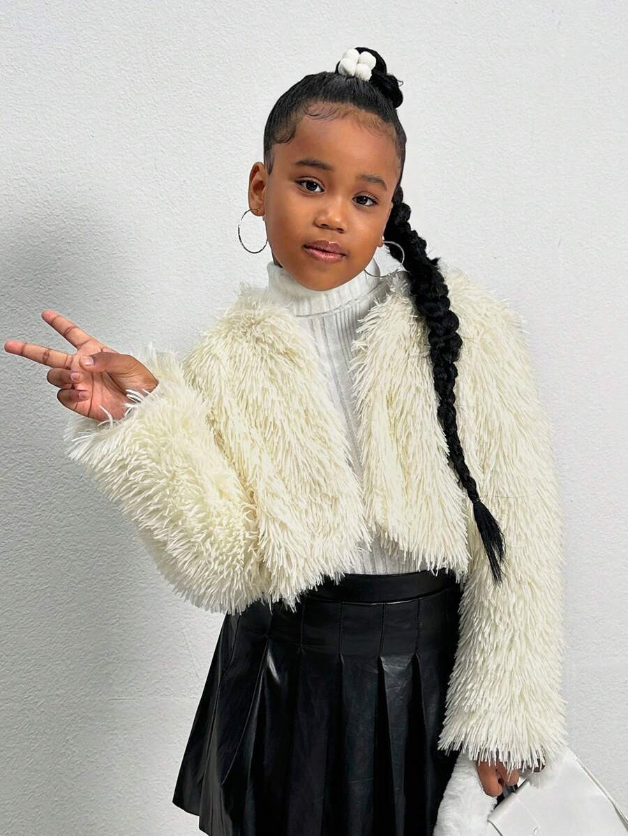 SHEIN Tween Girl Store，时尚休闲针织蓬松连帽夹克 - 卡其色 - 查看 1