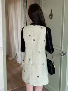 DAZY 1pc Women Bow Embroidered Mid-Length Dress, Cute Style For Autumn/Winter
