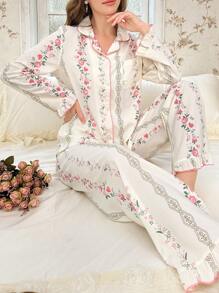 CottageSlumber Set de 2 piezas de pijama con estampado de textura de burbujas, cuello con volantes y apertura al frente, para temporada festiva y vacaciones