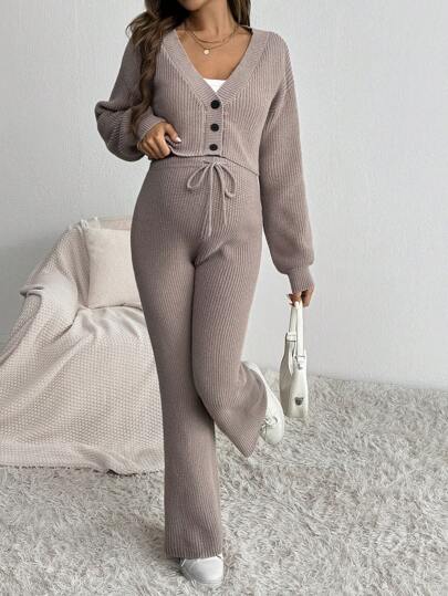 SHEIN Maternity Solid Color Front Button Long Sleeve Casual Blouse And Pants 2 Pieces Set, For Winter