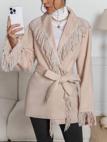 SHEIN Privé Women's Elegant Elegant Solid Color Shawl Collar With Fringe Trim & Belt Jacket, Autumn/Winter