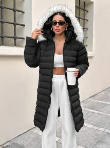 SHEIN Cottnline Fur Detailed Puffy Army Green Padded Long Coat - Black - View 4