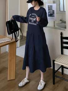 DAZY Women Casual Letter Print Ruffle Hem Mini Dress, Suitable For Autumn,Back To School Clothes,Fall Women Clothes Long Sleeve Dress