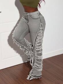 Slaydiva Women's Sexy Ripped Gray Flared Pants Jeans - Grey - View 6