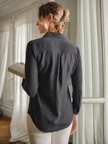 SHEIN Cottnline 女士休闲纯色前扣长袖衬衫，适合秋季 - 黑色 - 查看 2
