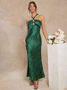 L'Amorae 性感优雅花卉提花鱼尾露背吊带连衣裙