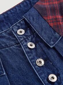 SHEIN MOD Women's Simple Casual Front Button Plaid Patchwork Denim Jeans - Blue - View 3