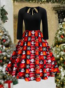 SHEIN LUNE Váy thường ngày in hình ông già Noel cỡ lớn tương phản ngày lễ Giáng sinh cho mùa thu/đông - màu đen - Xem 1