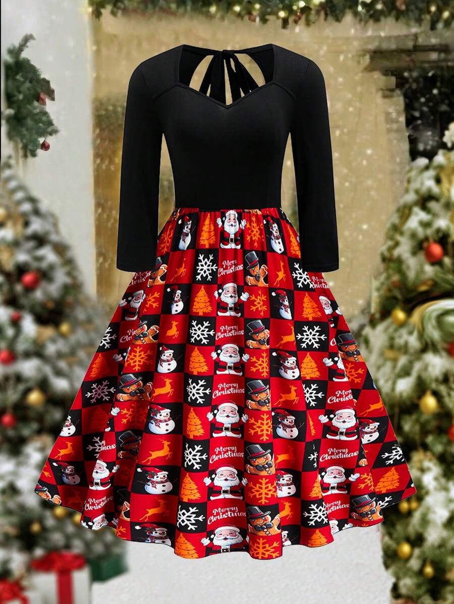 SHEIN LUNE Váy thường ngày in hình ông già Noel cỡ lớn tương phản ngày lễ Giáng sinh cho mùa thu/đông - màu đen - Xem 1