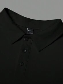 Manfinity Homme 大码男士纯色前扣长袖休闲纯色 Polo 衫，适合秋季外出穿着 - 黑色 - 查看 5