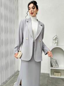 TrendSteals Setelan Jas Blazer Wanita Longgar Kasual untuk Berkomuter, Kancing Ganda dan Rok Belahan Bawah, 2 Potong - Light Grey - View 3