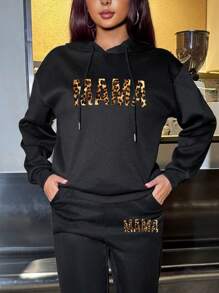 INAWLY 2 件套宽松休闲“MAMA”印花运动衫和抽绳裤，保暖内衬，适合女士，秋冬季 - 黑色 - 查看 5