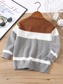 1 pieza Suéter de cuello redondo acanalado, casual, cómodo, de moda y versátil, para niños pequeños, adecuado para la escuela, al aire libre, deportes, otoño/invierno